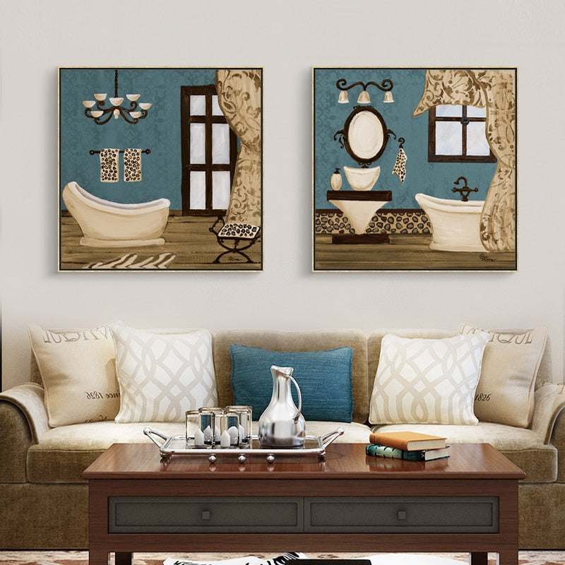 Modern Retro Bathroom - Canvas Wall Art Painting | Bowlift