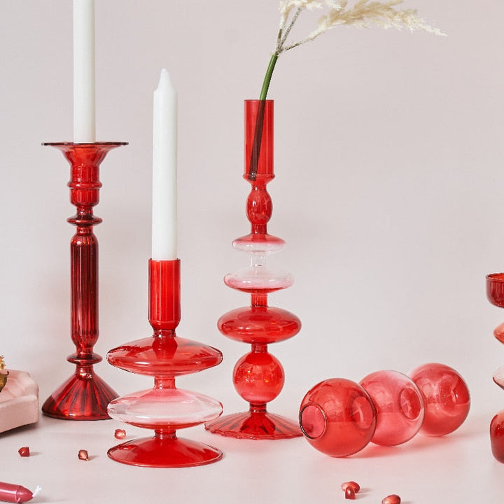BowLift | Cherry Red Glass Stick Candle Holder & Vases