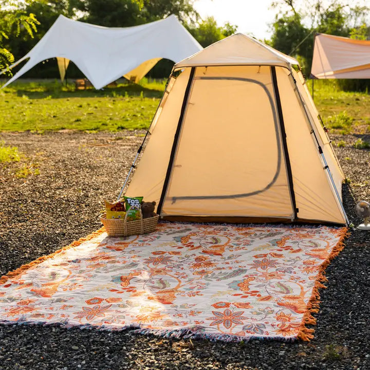 BowLift | Boho Floral Cotton Throw Blanket with Fringe – Cream & Orange